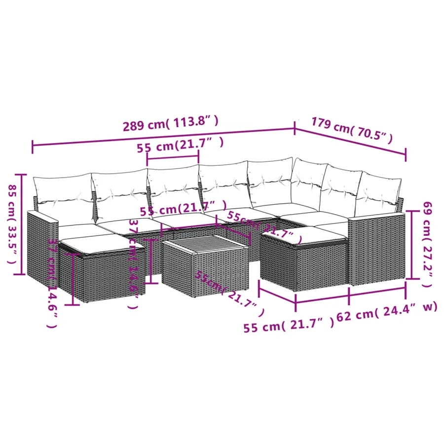Ensemble de canapé de jardin 10 pcs avec coussins gris résine tressée - 9