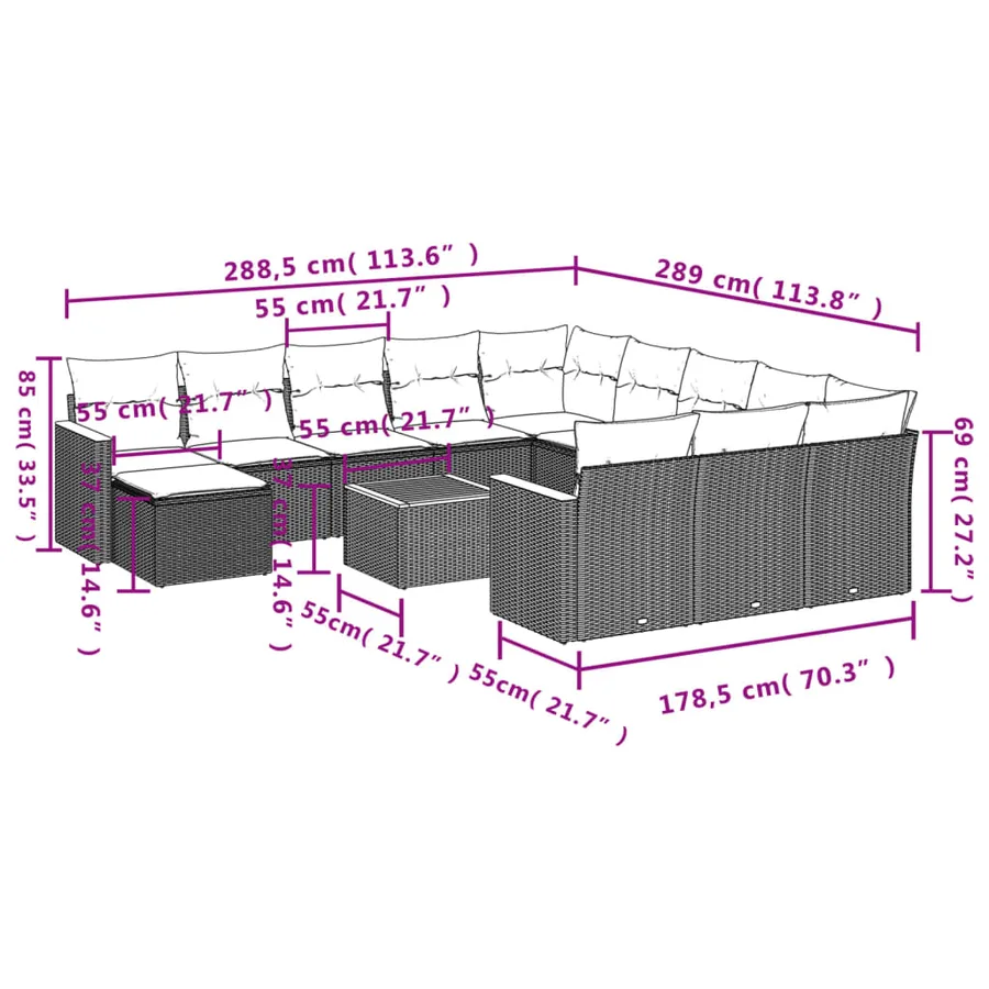 Ensemble de canapé de jardin 13 pcs avec coussins gris résine tressée - 9