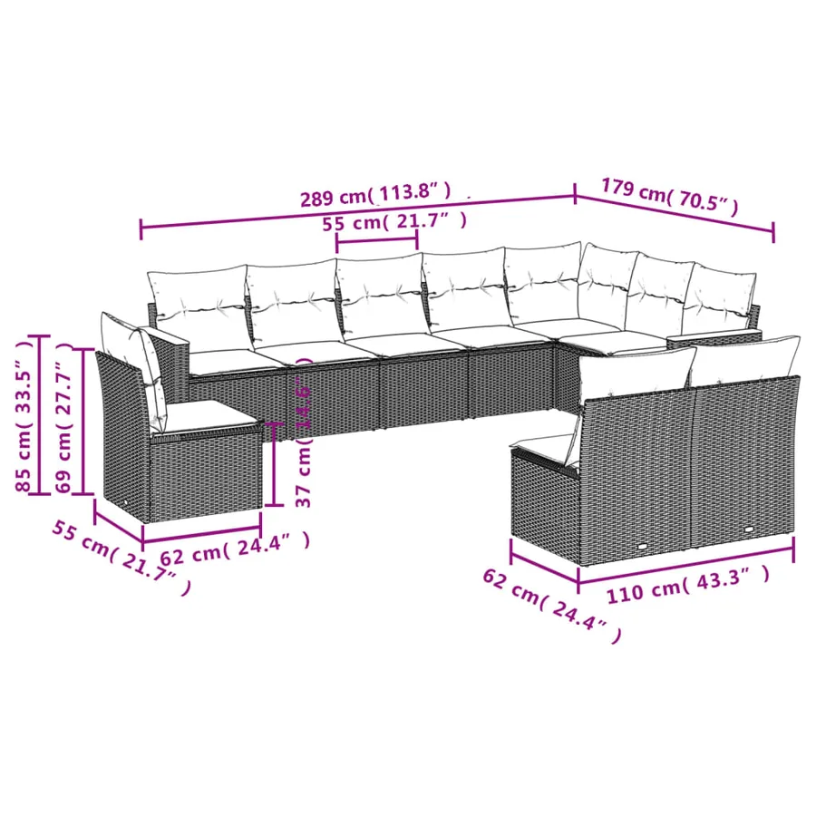 Ensemble de canapé de jardin 10 pcs avec coussins gris résine tressée - 7