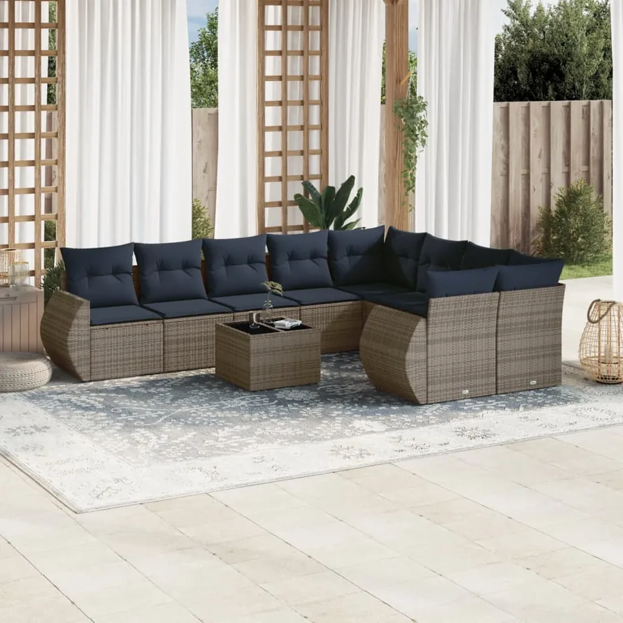 Ensemble de canapé de jardin 10 pcs avec coussins gris résine tressée