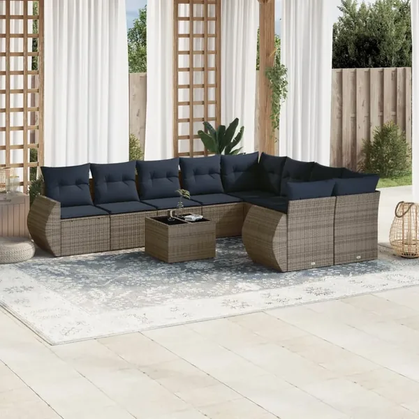 Ensemble de canapé de jardin 10 pcs avec coussins gris résine tressée