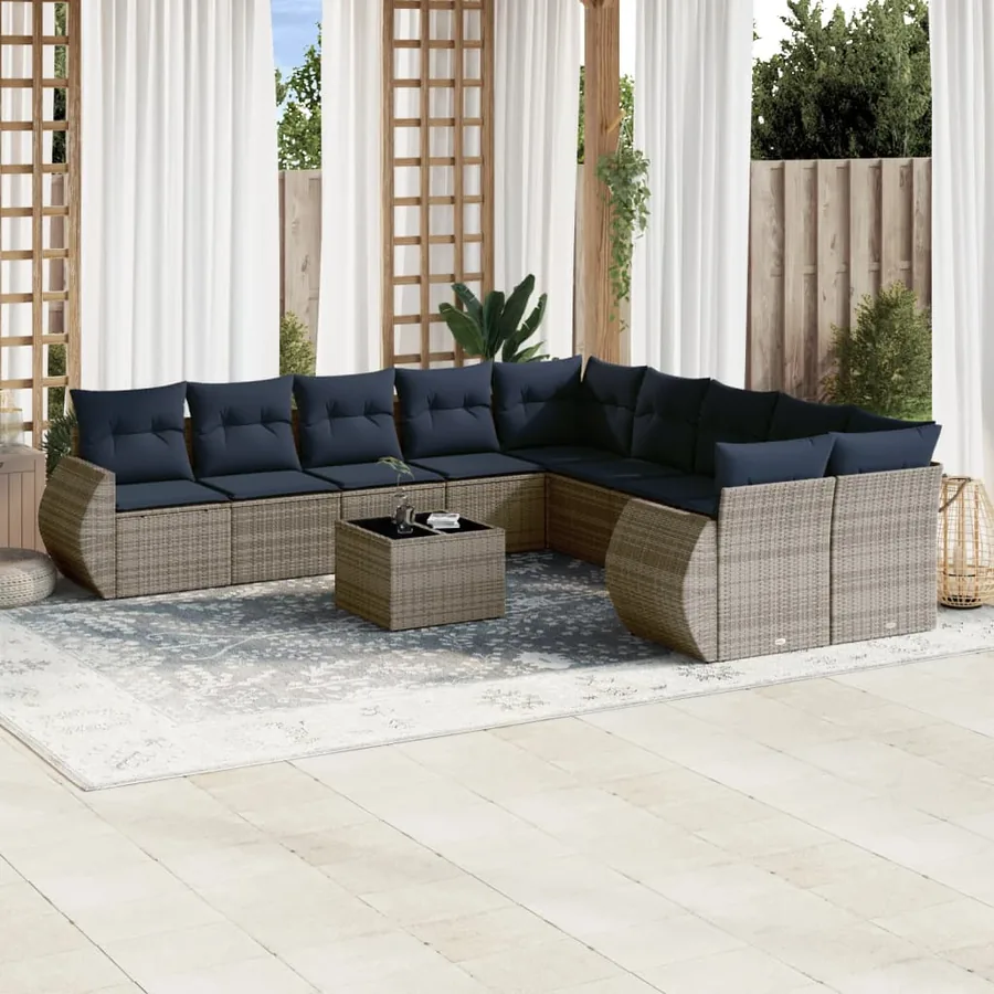Ensemble de canapé de jardin 11 pcs avec coussins gris résine tressée