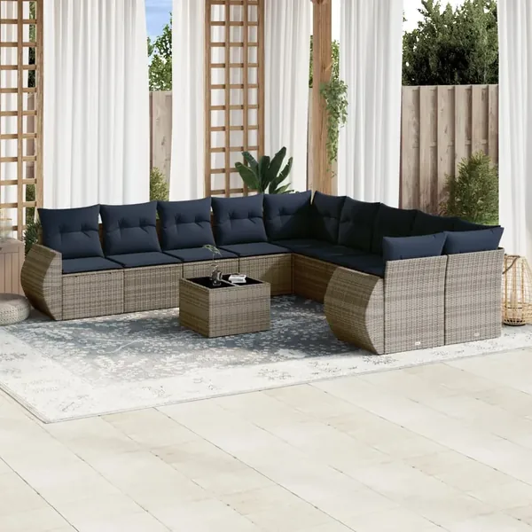 Ensemble de canapé de jardin 11 pcs avec coussins gris résine tressée