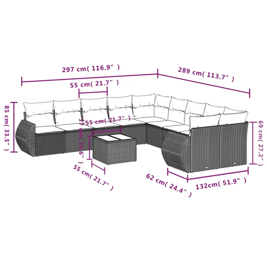 Ensemble de canapé de jardin 11 pcs avec coussins gris résine tressée - 8