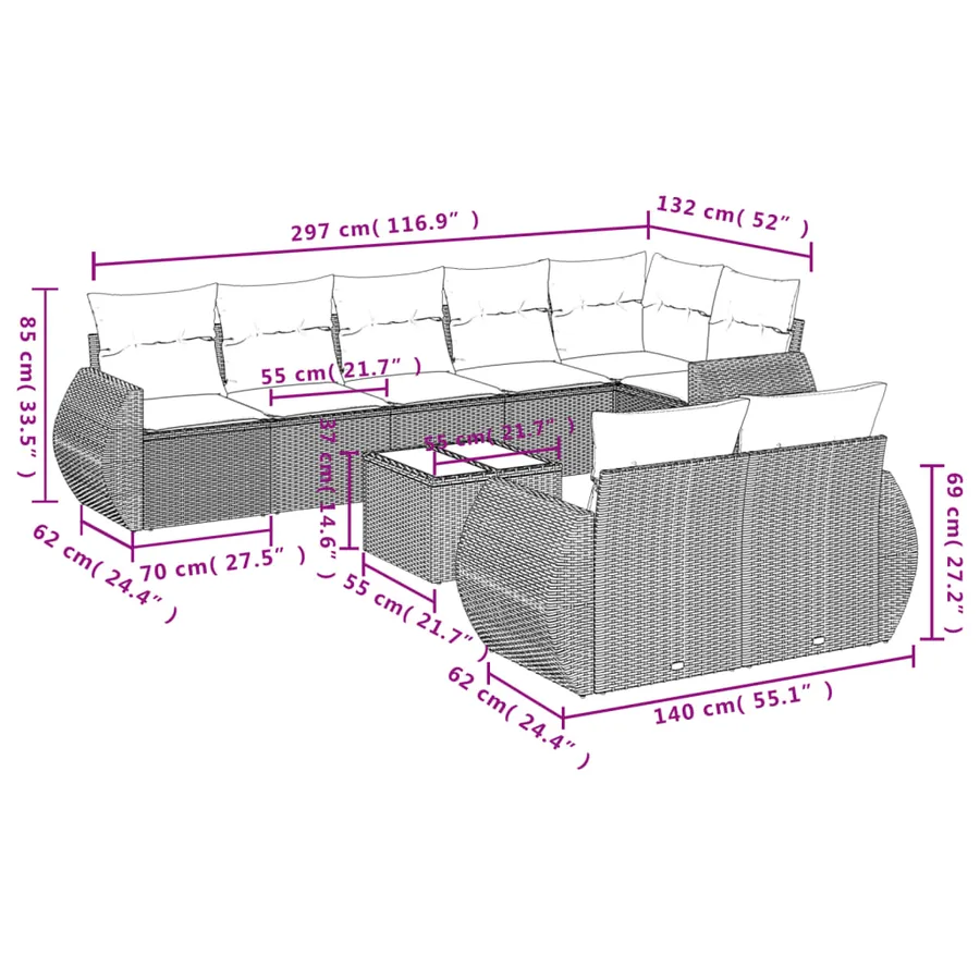 Ensemble de canapé de jardin 9 pcs avec coussins gris résine tressée - 8