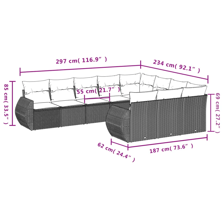 Ensemble de canapé de jardin 10 pcs avec coussins gris résine tressée - 7