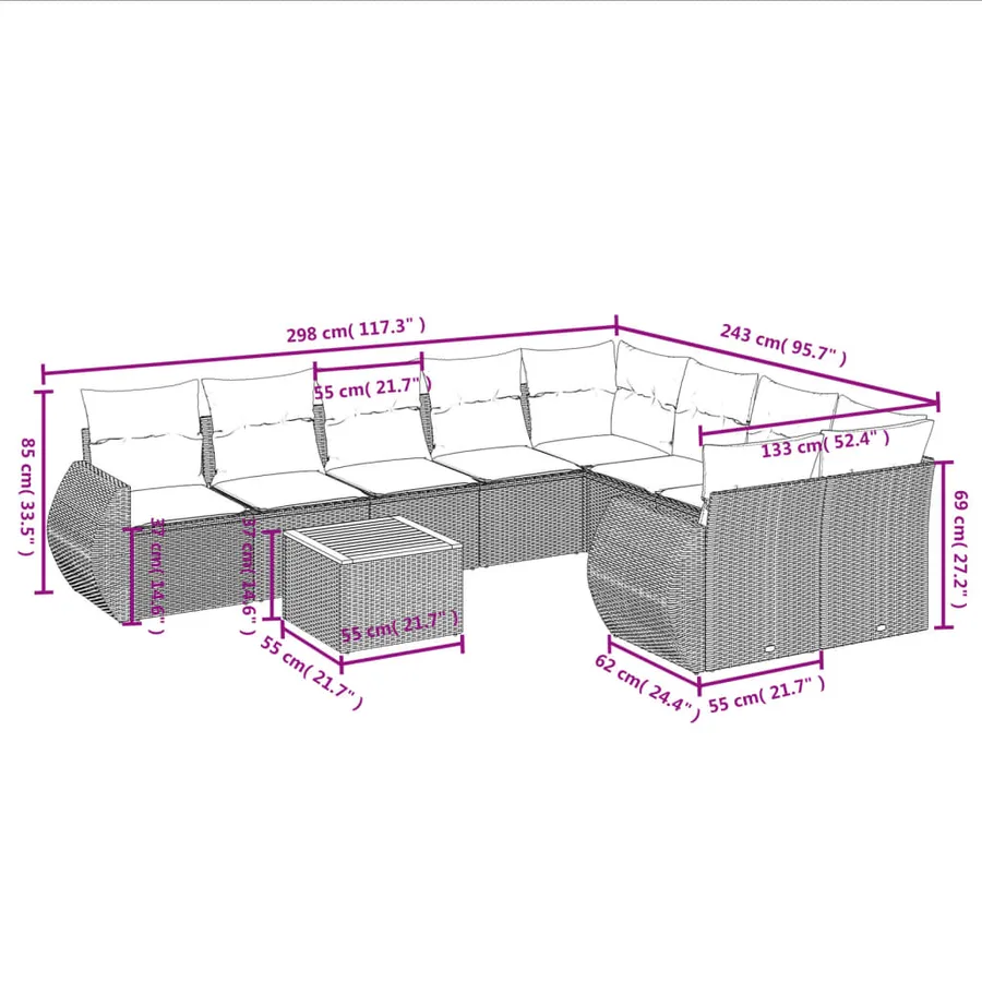 Ensemble de canapé de jardin 10 pcs avec coussins gris résine tressée - 8