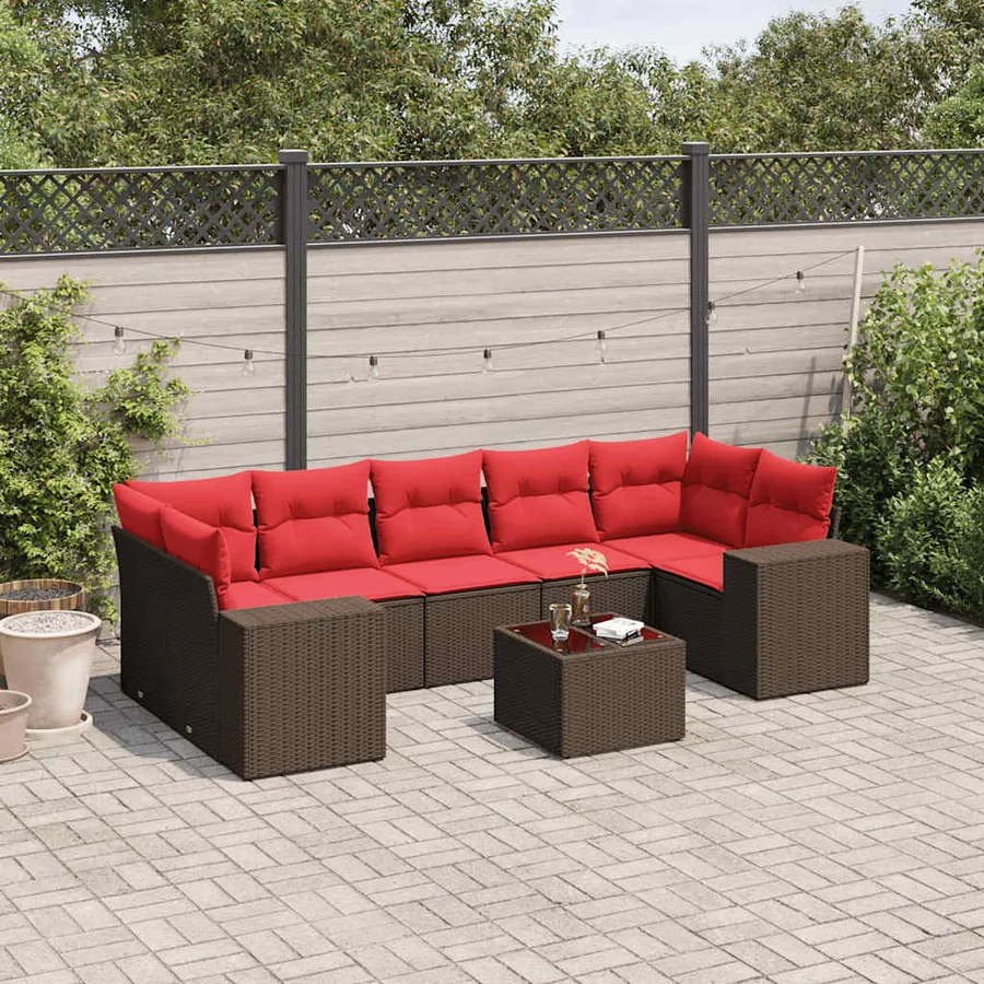 Ensemble de canapé de jardin 8 pcs avec coussins marron résine tressée