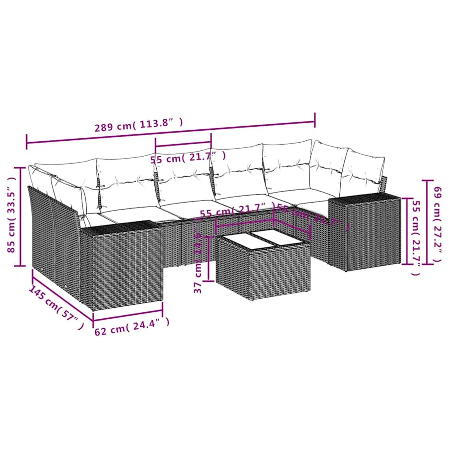 Ensemble de canapé de jardin 8 pcs avec coussins marron résine tressée - 8