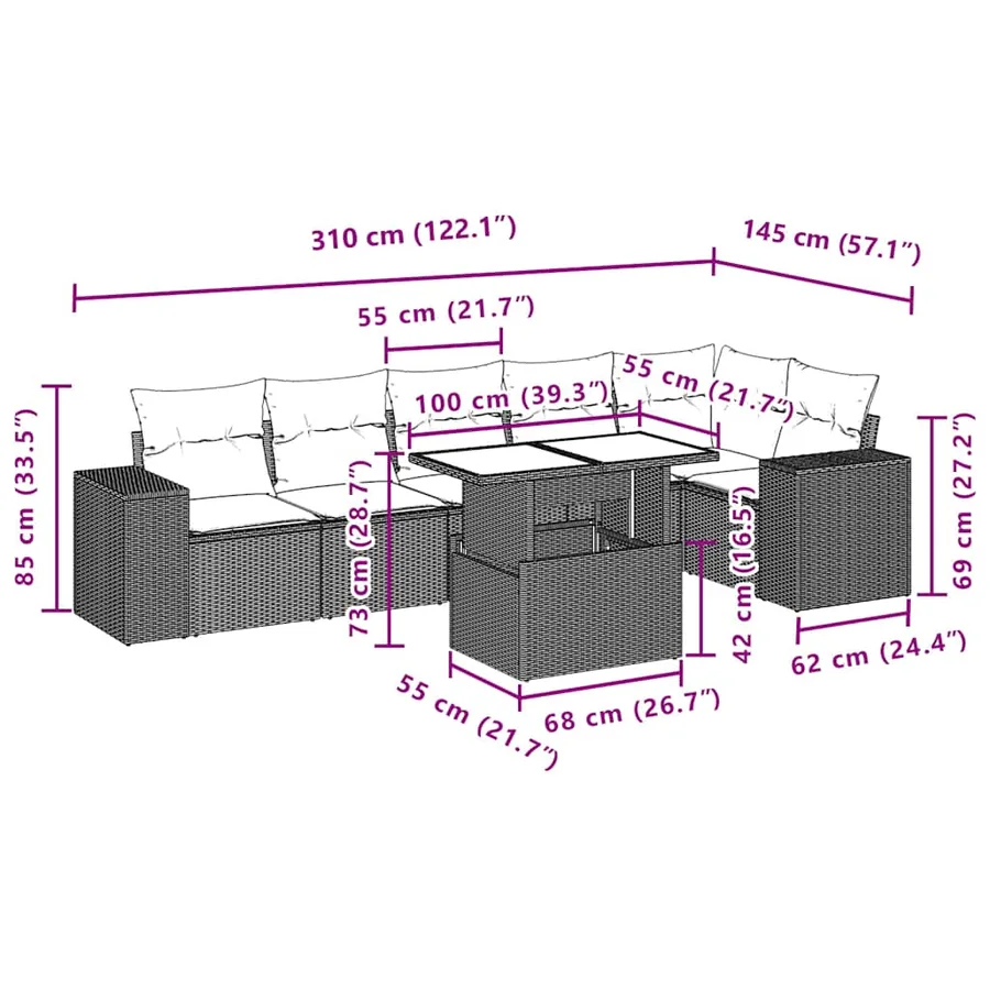 Ensemble de canapé de jardin 7 pcs avec coussins marron résine tressée - 10