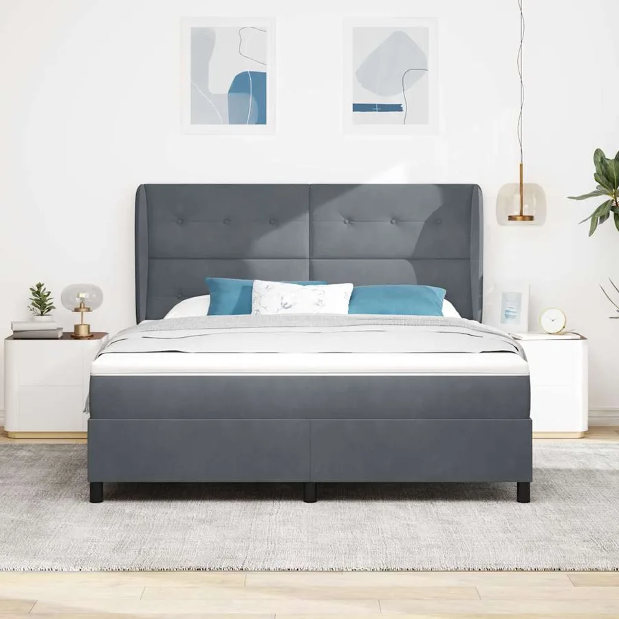 Lit à ressorts avec coussin Gris foncé 200 x 180 cm Velours - 3