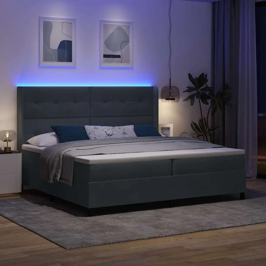 Lit à ressorts avec bandes LED Gris foncé 200 x 200 cm Velours - 5