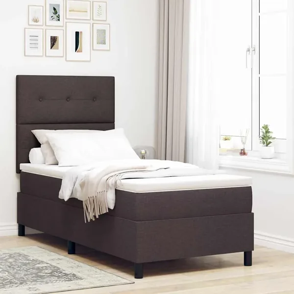 Lit à ressorts avec tête de lit Marron foncé 90 x 200 cm tissu