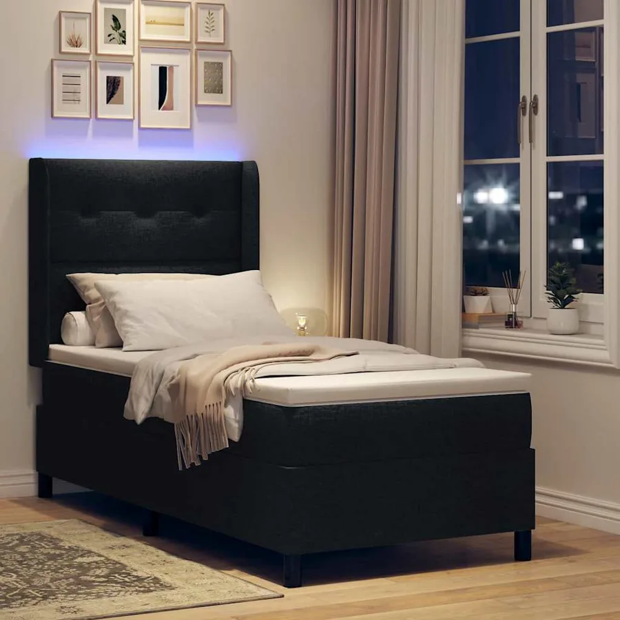 Lit à ressort LED avec tête de lit Noir 90 x 200 cm tissu - 5