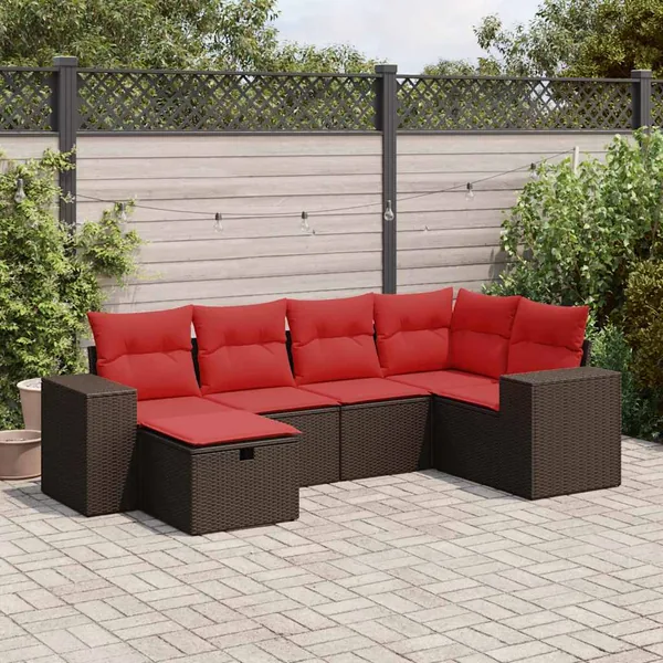 Salon de jardin avec coussins 6 pcs marron résine tressée