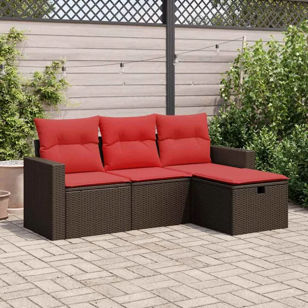 Salon de jardin 4 pcs avec coussins marron résine tressée