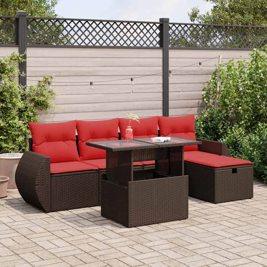Salon de jardin 6 pcs avec coussins marron résine tressée acacia