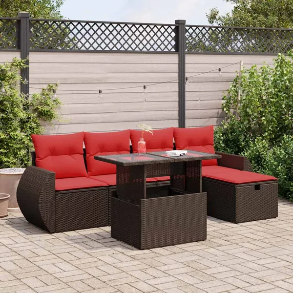 Salon de jardin 6 pcs avec coussins marron résine tressée acacia