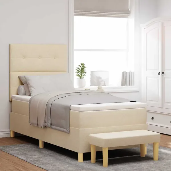 Lit à ressorts avec tête de lit Crème 200 x 100 cm tissu