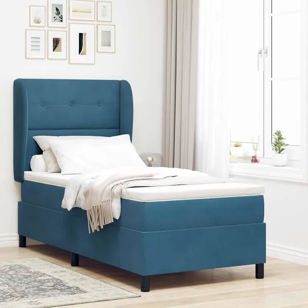Lit à ressorts avec tête de lit Bleu foncé 190 x 90 cm Velours