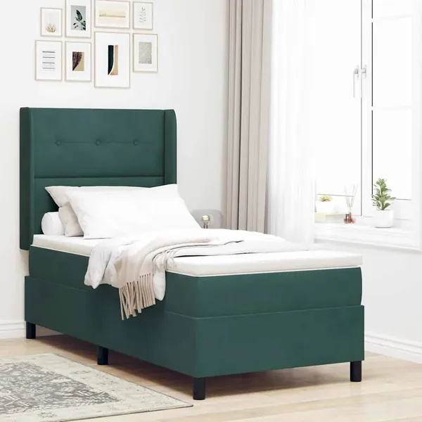 Lit à ressorts avec bandes LED Vert foncé 90 x 200 cm Velours