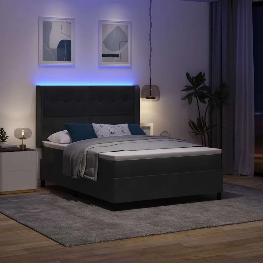 Lit à ressorts avec bandes LED Noir 140 x 200 cm Velours - 5