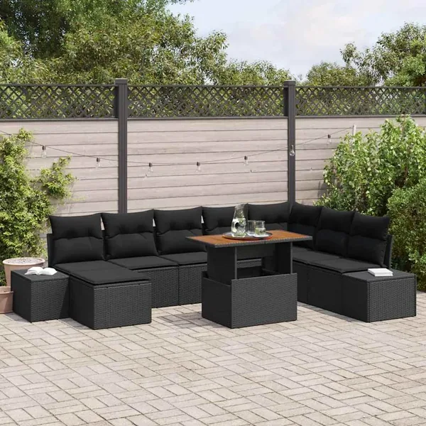 Ensemble de canapé de jardin 9 pcs Noir Poly rotin