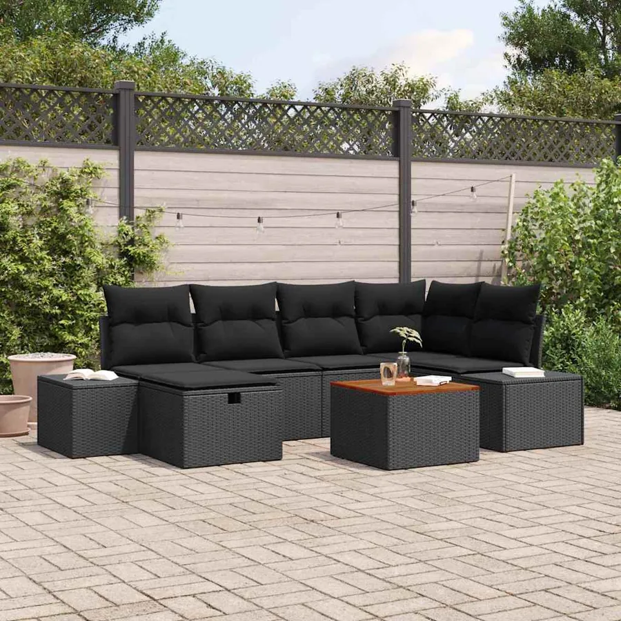 Ensemble de canapé de jardin avec coussin 7 pcs Noir Poly rotin