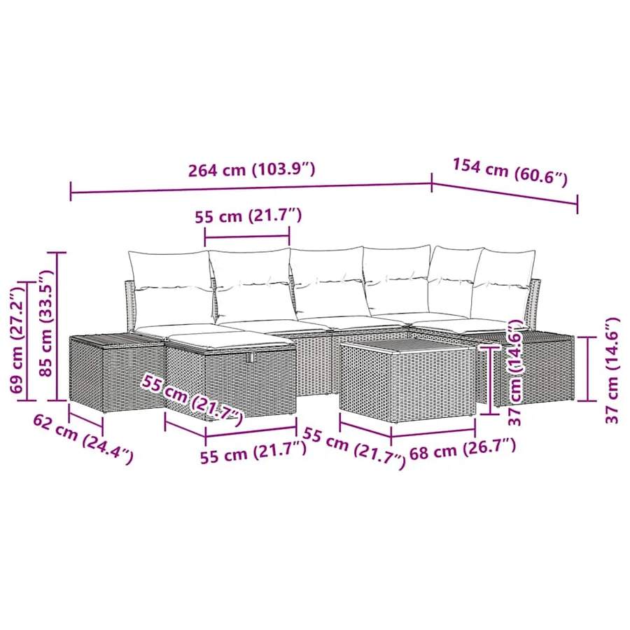 Ensemble de canapé de jardin avec coussin 7 pcs Noir Poly rotin - 15