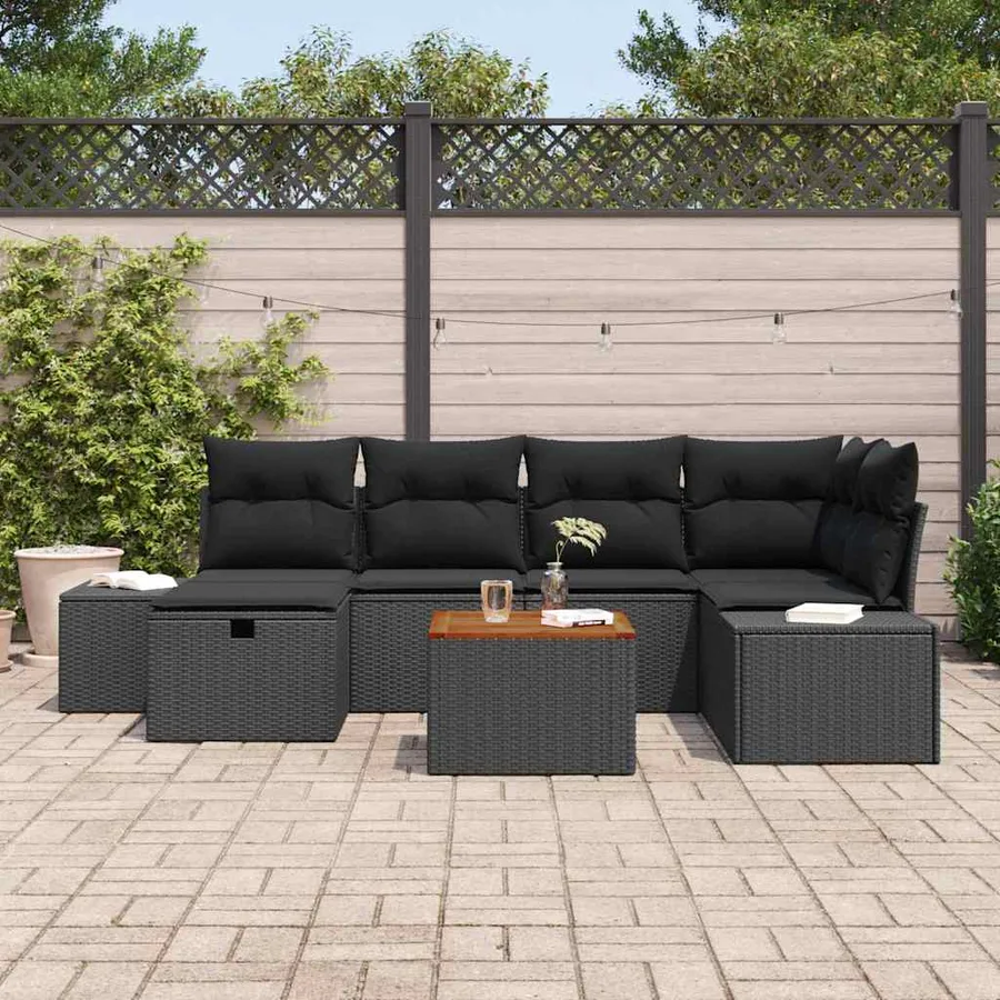 Ensemble de canapé de jardin avec coussin 7 pcs Noir Poly rotin - 3