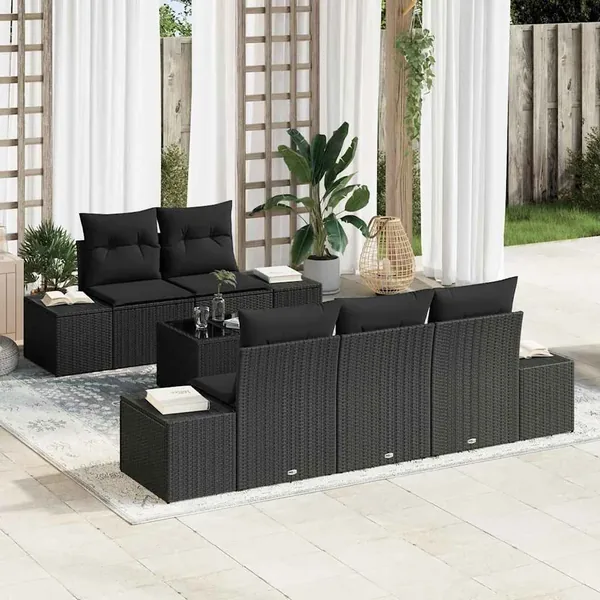 Ensemble de canapé de jardin avec coussin 6 pcs Noir polyrotin