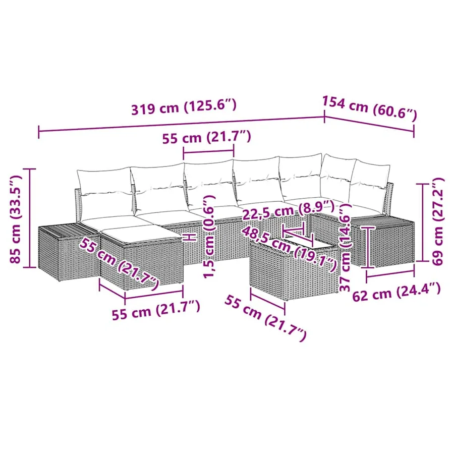 Ensemble de canapé de jardin avec coussin 7 pcs Noir polyrotin - 15