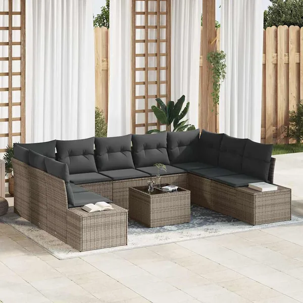 Ensemble de canapé de jardin avec coussin 9 pcs Gris Polyrotin