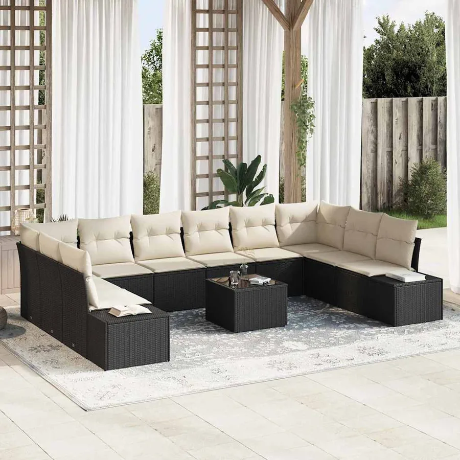Ensemble de canapé de jardin 10 pcs Noir et Crème Polyrotin