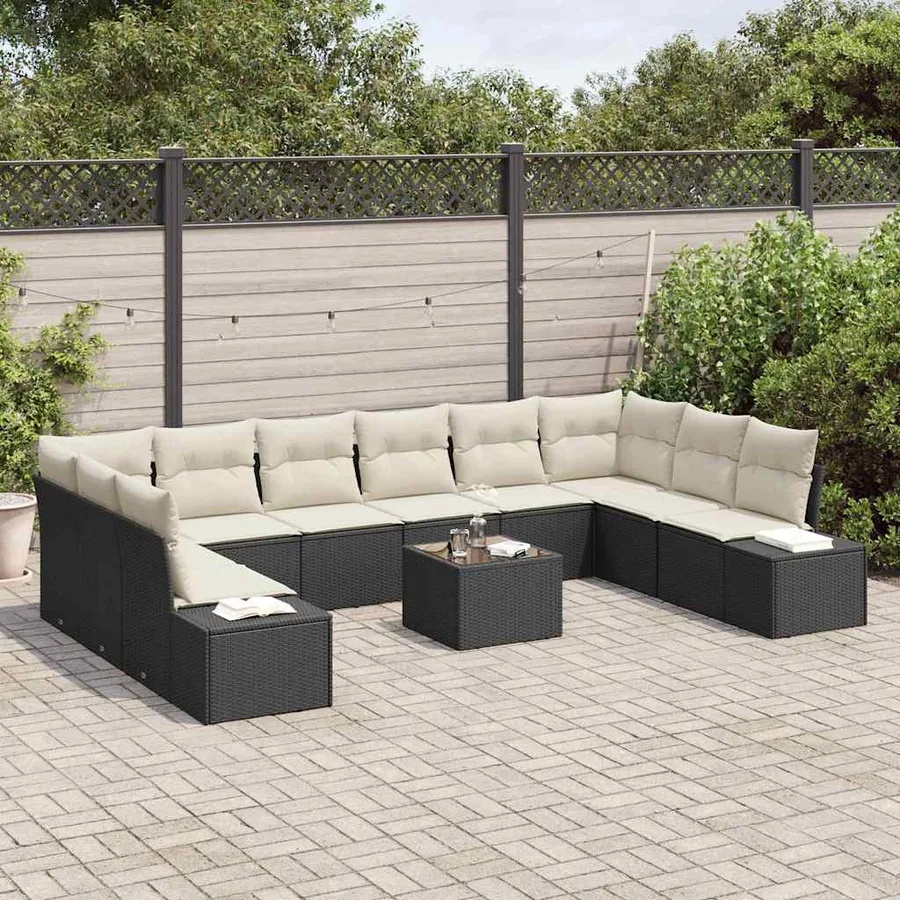 Ensemble de canapé de jardin 10 pcs Noir et Crème Polyrotin - 3
