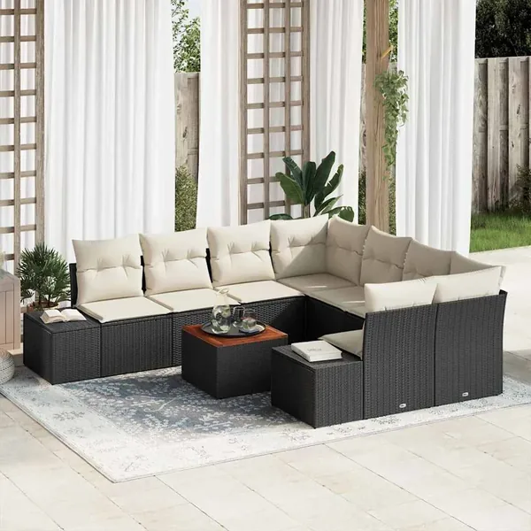 Ensemble de canapé de jardin 9 pcs Noir et Crème polyrotin