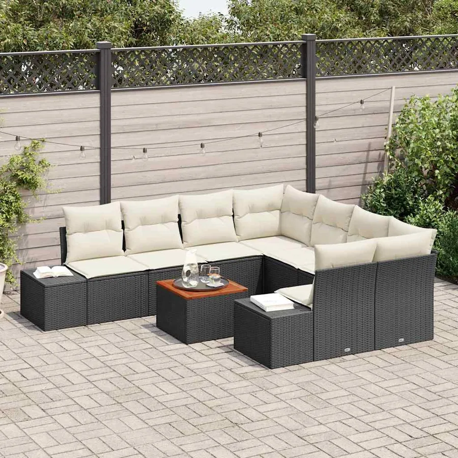 Ensemble de canapé de jardin 9 pcs Noir et Crème polyrotin - 3