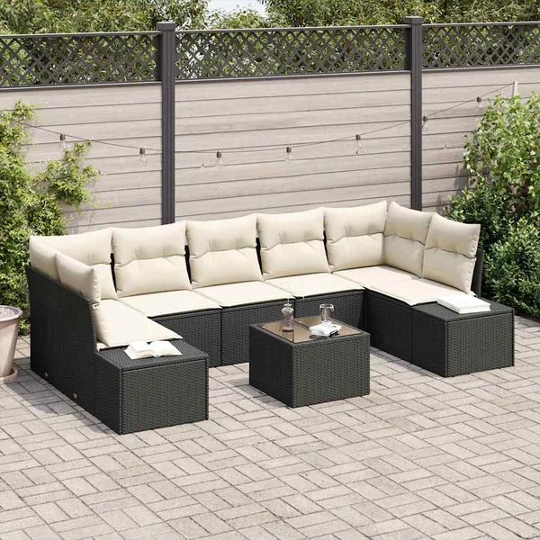 Ensemble de canapé de jardin 8 pcs Noir et Crème polyrotin