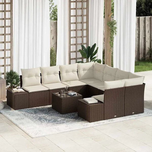 Ensemble de canapé de jardin 9 pcs Marron et Crème polyrotin