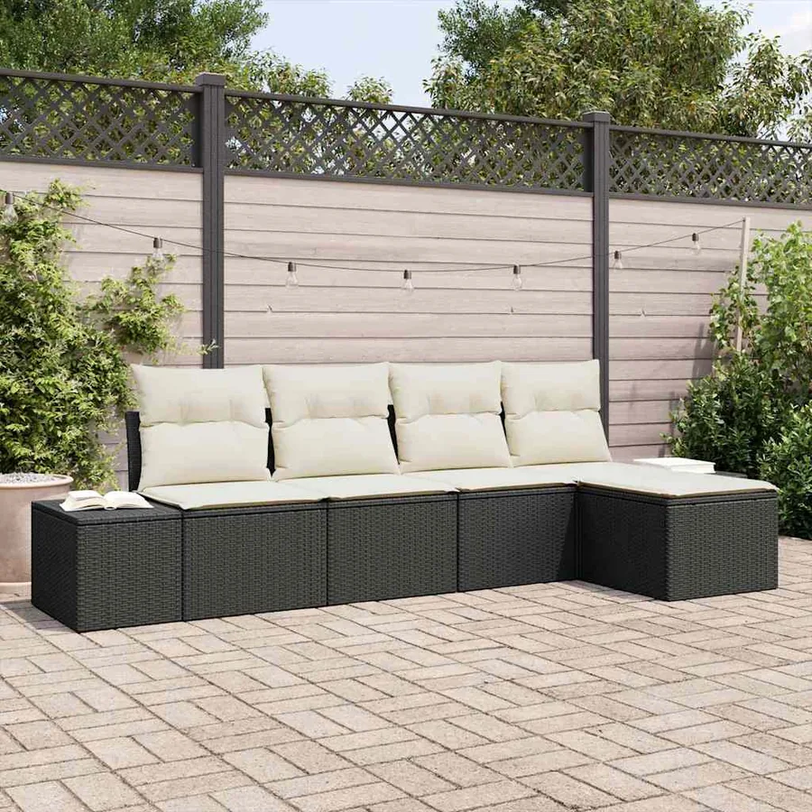 Ensemble de canapé de jardin 5 pcs Noir et Crème polyrotin