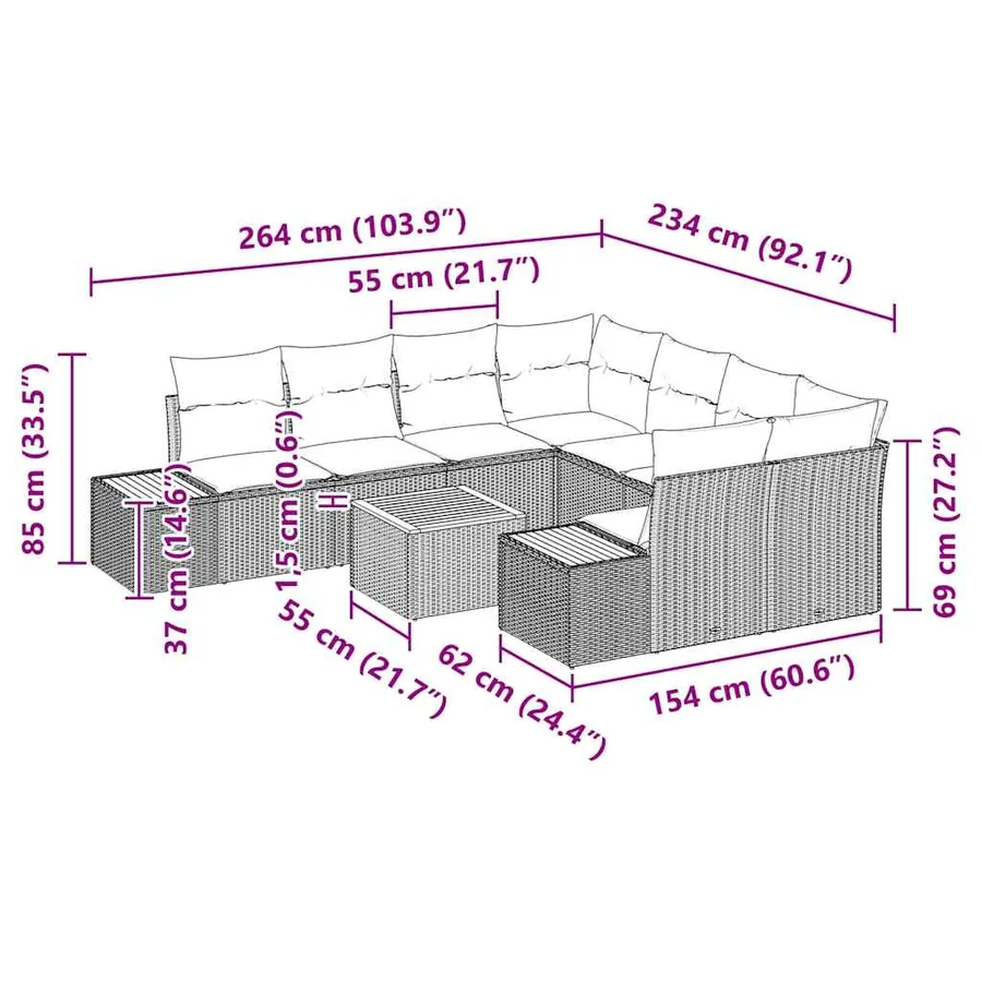 Ensemble de canapé de jardin avec coussin 9 pcs Gris Poly rotin - 9