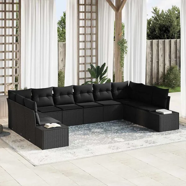 Ensemble de canapé de jardin avec coussin 10 pcs Noir polyrotin