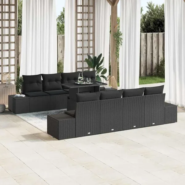 Ensemble de canapé de jardin avec coussin 9 pcs Noir polyrotin