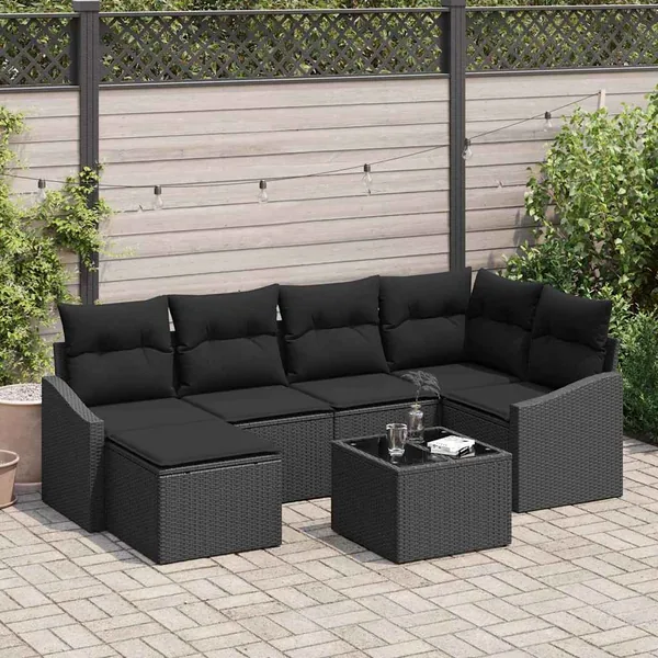 Ensemble de salle à manger pour jardin avec coussin 7 pcs Noir