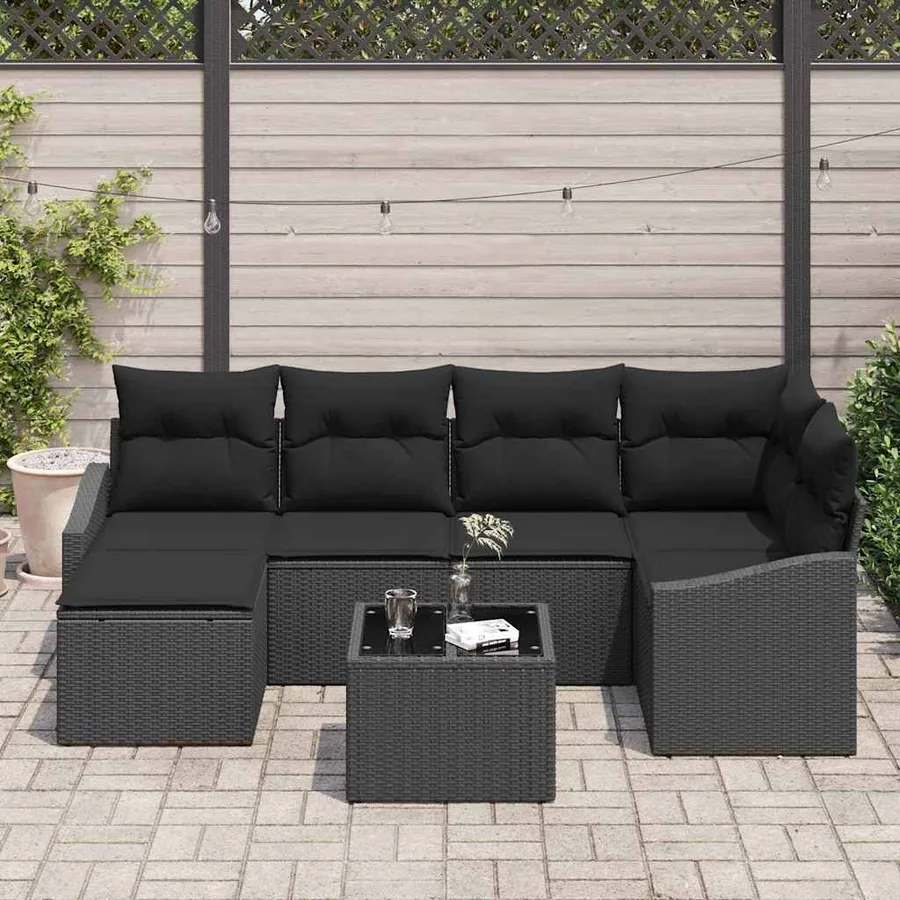 Ensemble de salle à manger pour jardin avec coussin 7 pcs Noir - 3