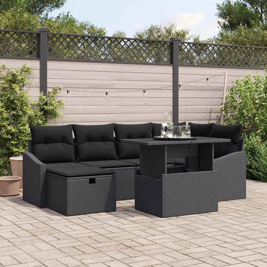 Ensemble de canapé de jardin avec coussin 7 pcs Noir polyrotin