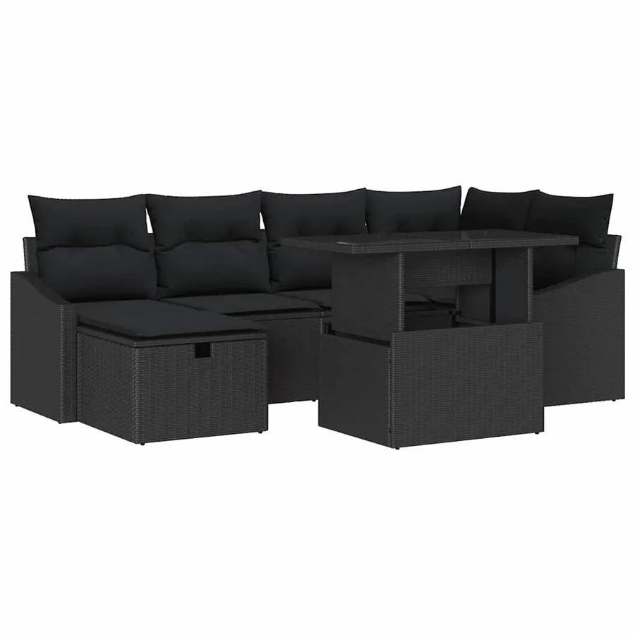 Ensemble de canapé de jardin avec coussin 7 pcs Noir polyrotin - 2