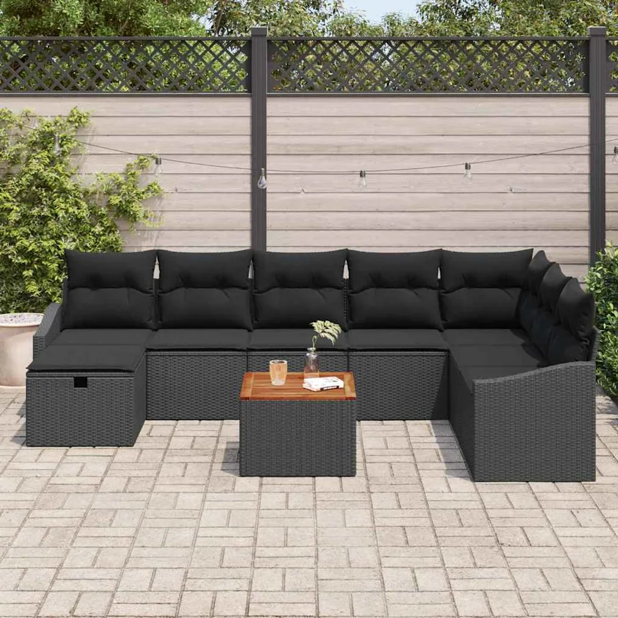 Ensemble de canapé de jardin avec coussin 9 pcs Noir Poly rotin - 3