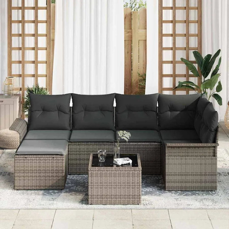 Ensemble de canapé de jardin avec coussin 7 pcs Gris polyrotin - 3