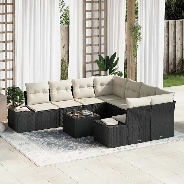 Ensemble de canapé de jardin avec coussin 9 pcs Noir polyrotin